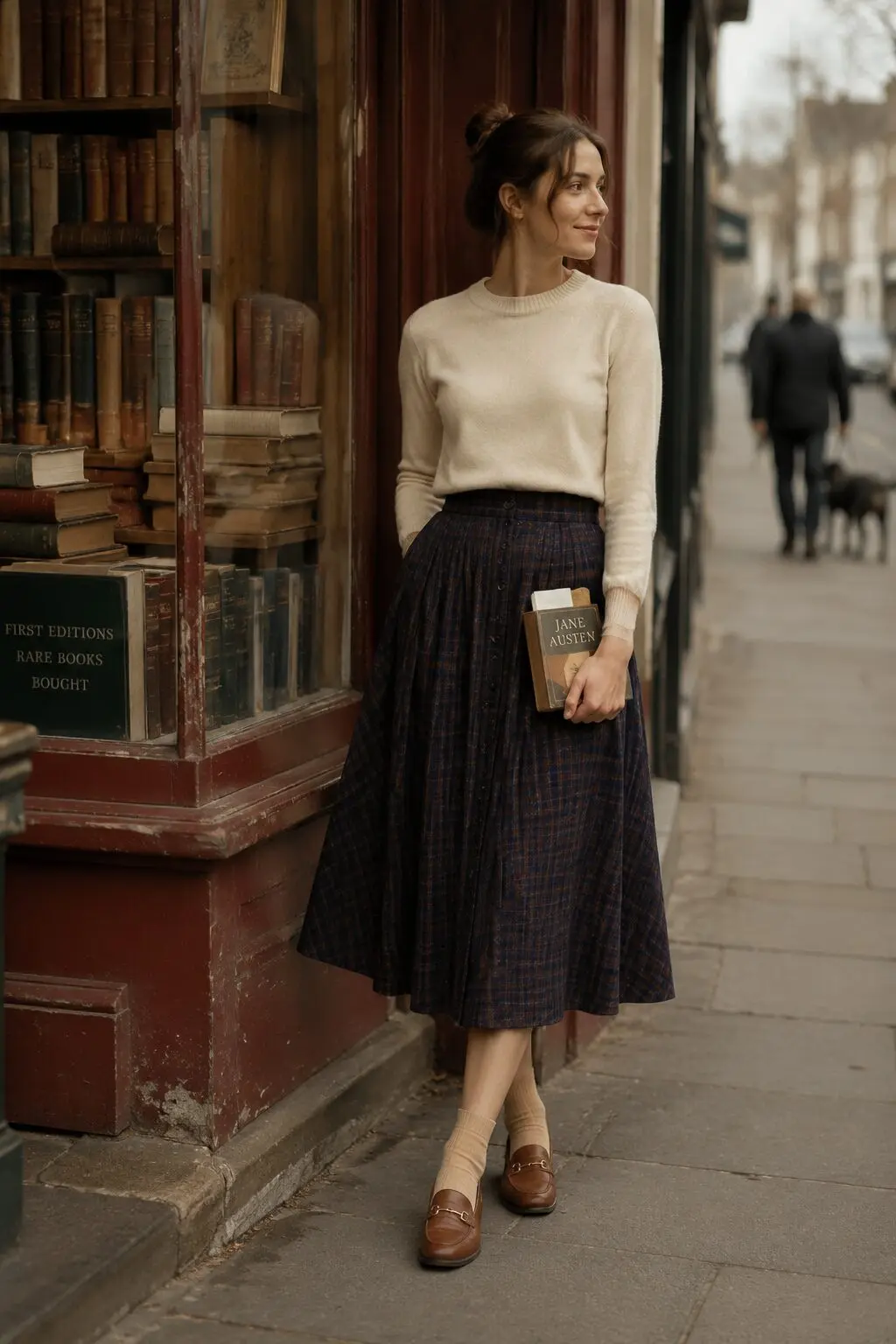 what to wear with brown loafers: burgundy pleated midi skirt and ivory sweater fall outfit