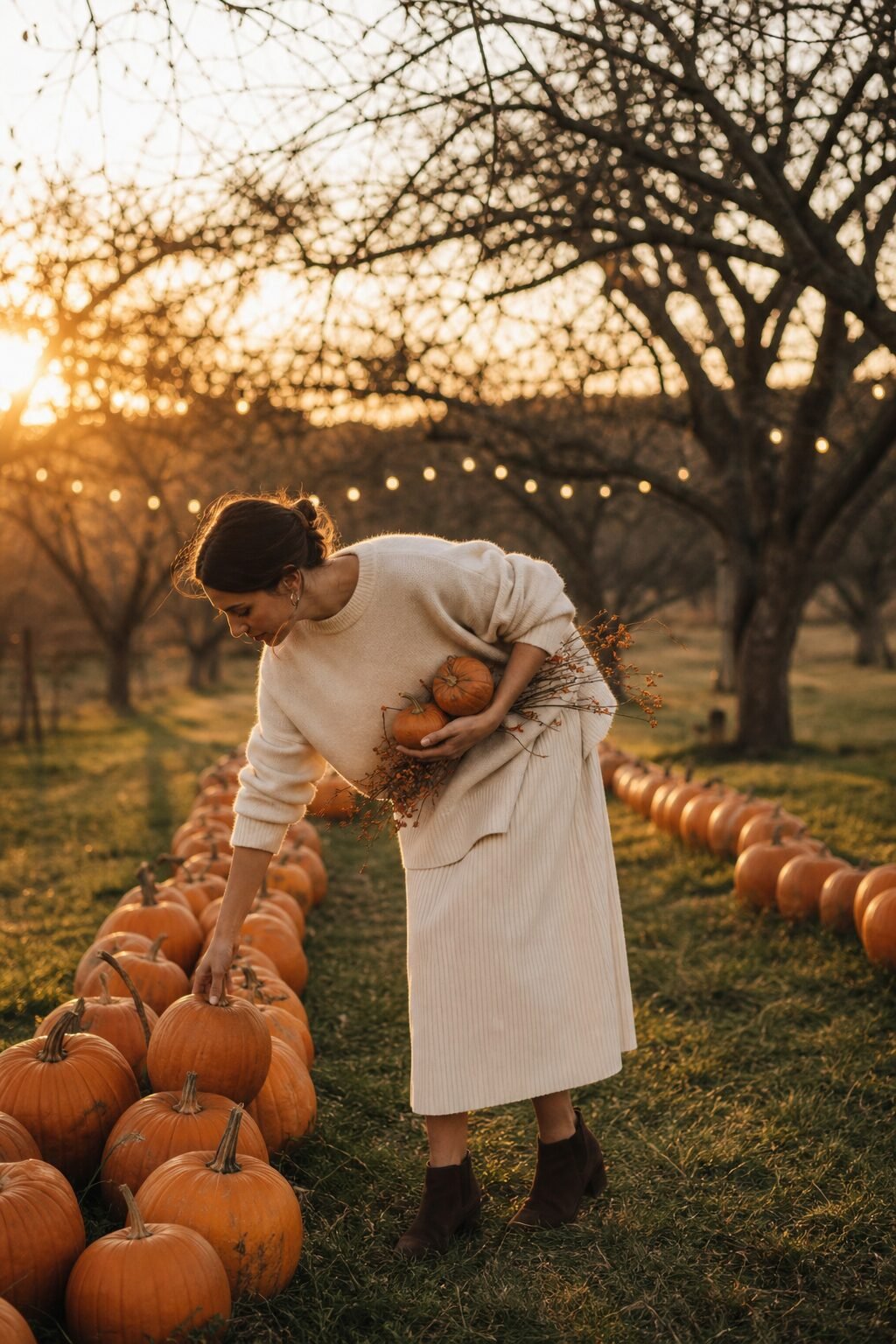 casual halloween party outfit: white corduroy skirt with a cashmere boyfriend sweater