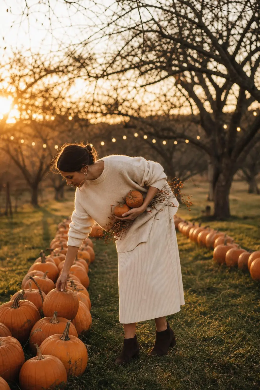 casual halloween party outfit: white corduroy skirt with a cashmere boyfriend sweater