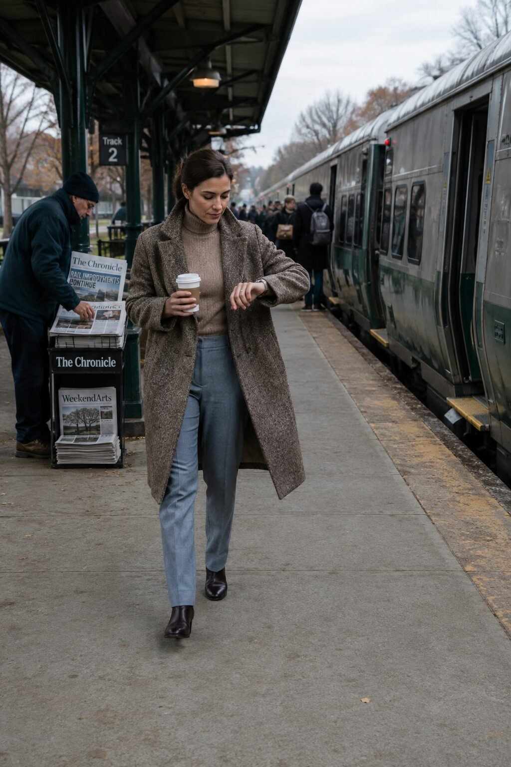 how to wear tweed this fall: heathered taupe boxy wool coat, beige turtleneck, and soft blue tailored trousers