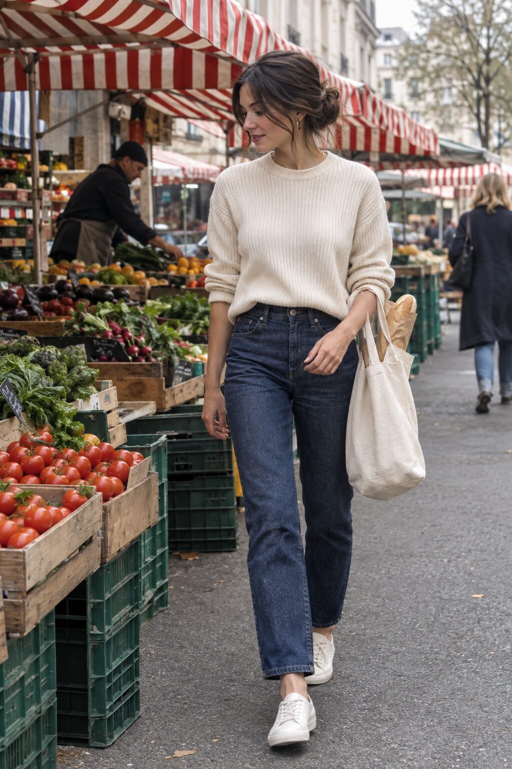 Woman wearing a cream sweater and jeans walking through an outdoor market