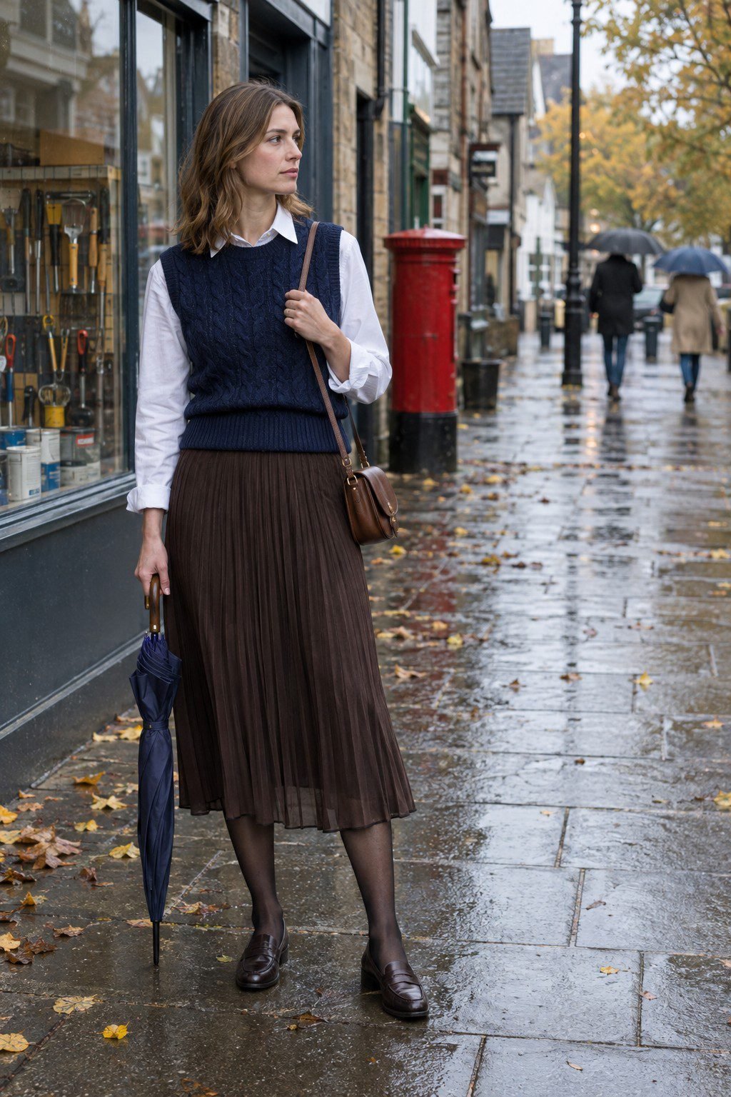 fall layering outfit: white poplin shirt under a navy cable-knit sweater vest with a dark brown pleated midi skirt