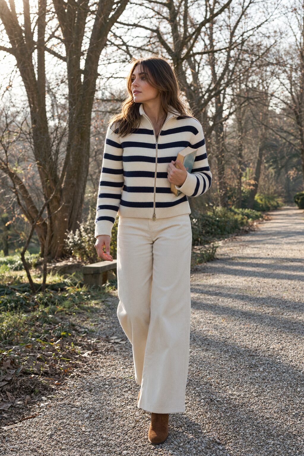 cashmere outfit for winter: ivory and navy striped cashmere zip-up hoodie with ivory corduroy wide-leg trousers