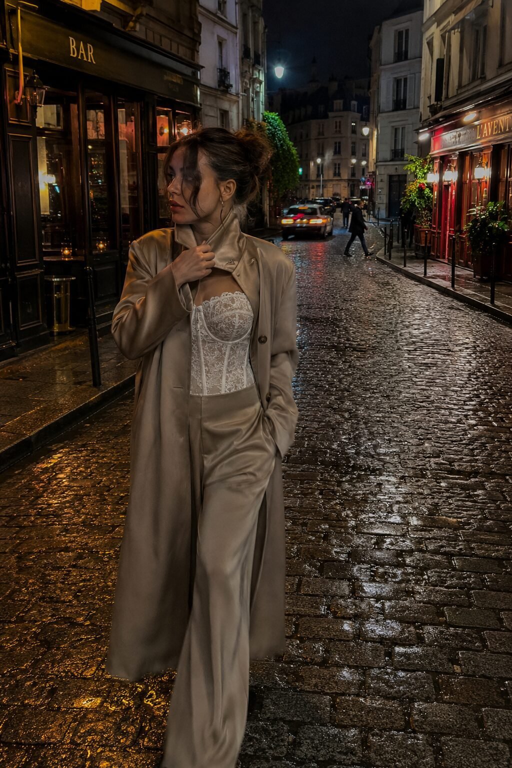 white sequin lace corset top under a long camel satin coat, a halloween party outfit that looks expensive