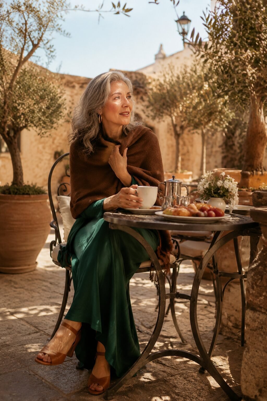 mother of the groom Sunday brunch outfit: evergreen wrap dress with brown cashmere wrap and amber sandals
