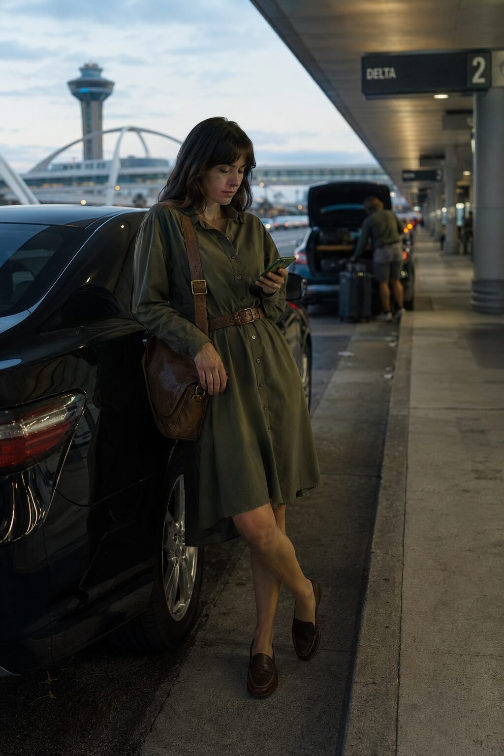 airport-to-office wrinkle-free outfit: olive jersey shirtdress cinched with a woven belt and loafers
