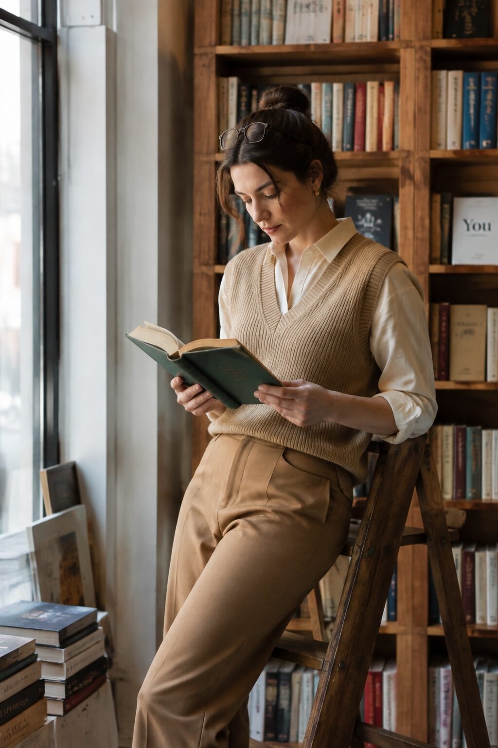 camel and cream office outfit: camel sweater vest layered over a cream button-down and tailored trousers