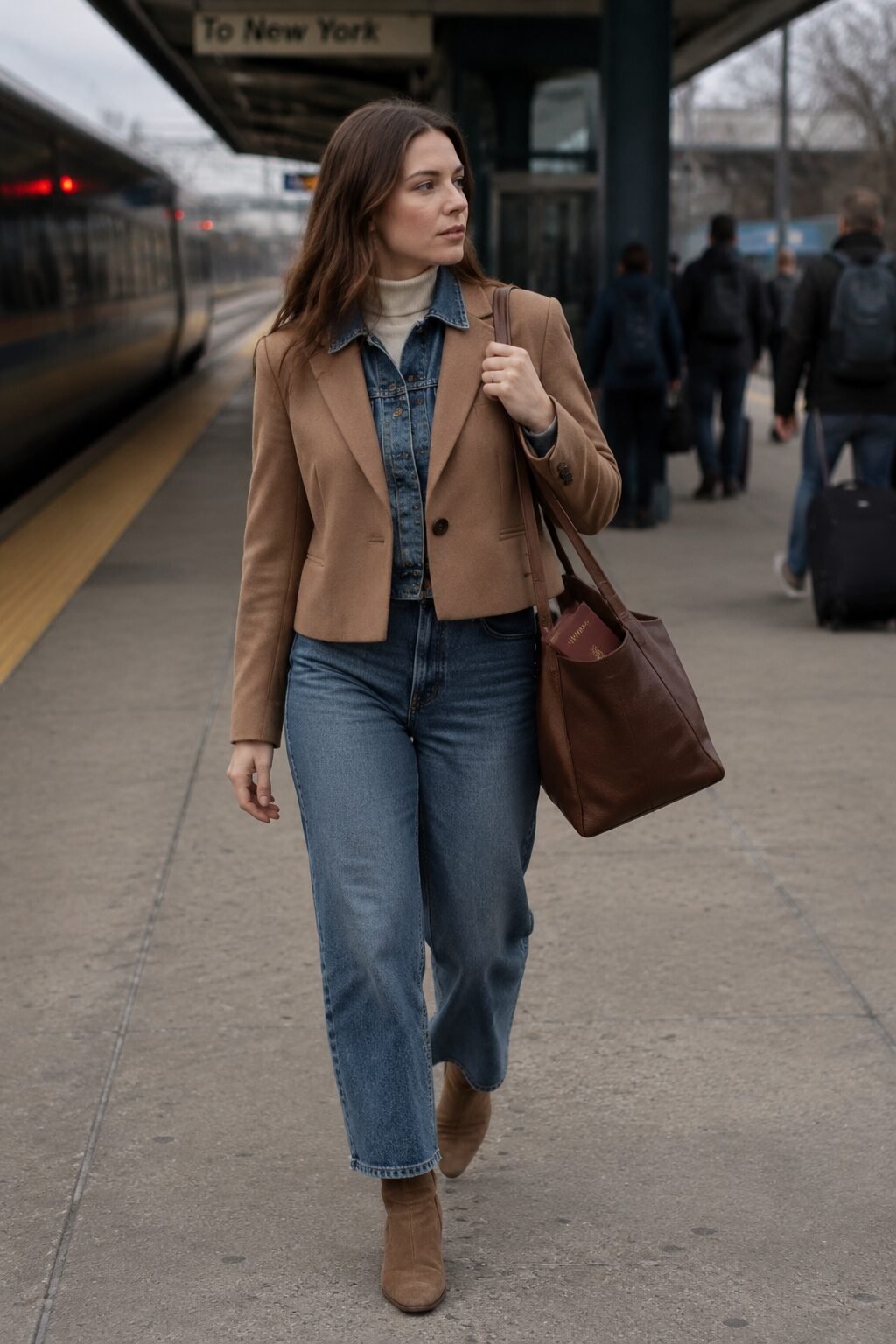 woman wearing a camel blazer open over a buttoned denim jacket with an ankle boot for a travel outfit