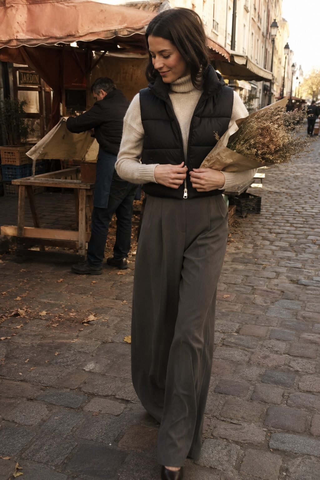 carolyn bessette style outfit: black cropped quilted puffer vest layered over a cream cashmere turtleneck with a grey wide-leg trouser
