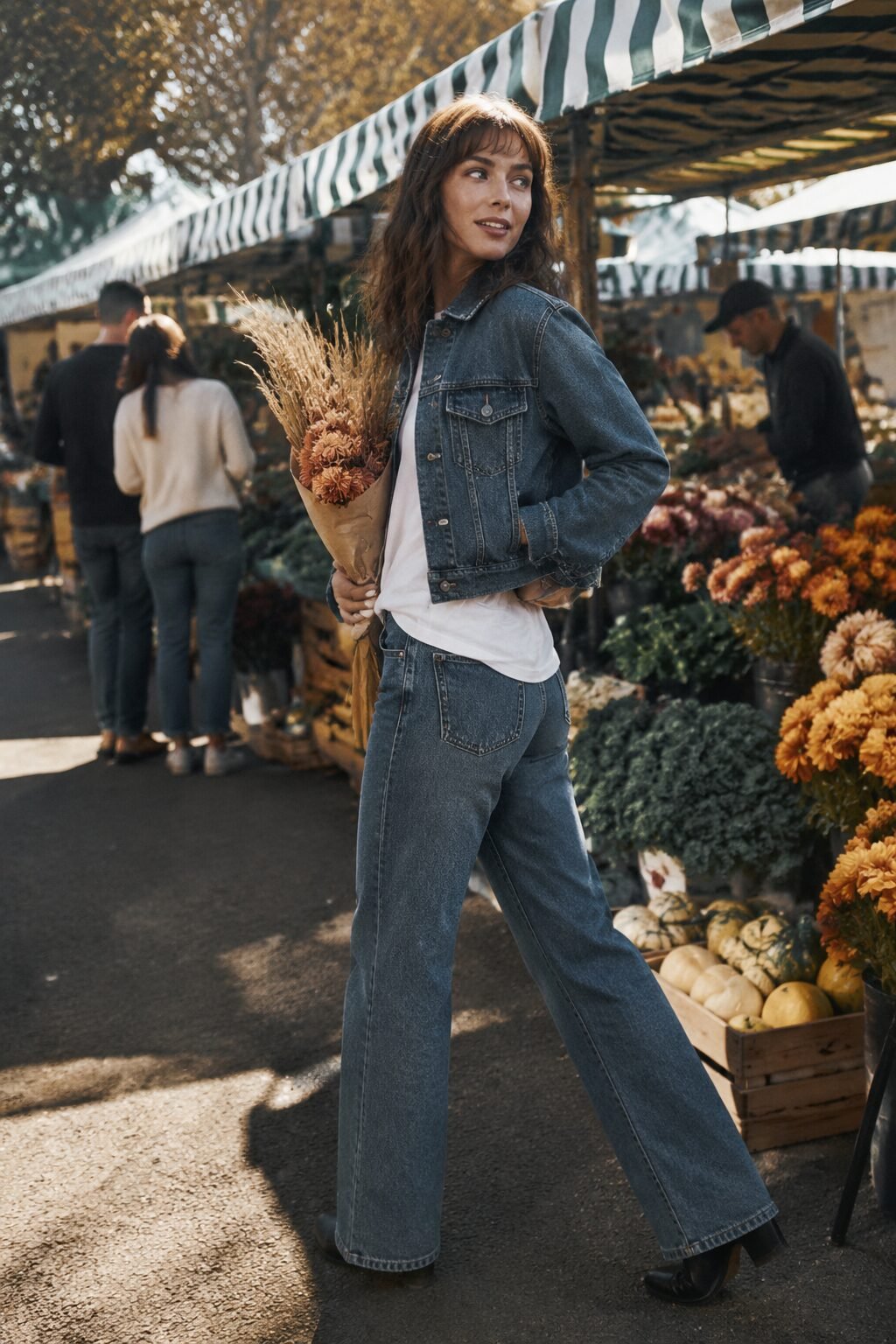 mid-blue straight jeans, white oversized tee, and holly-wash cropped denim jacket styled as an easy weekend capsule wardrobe outfit