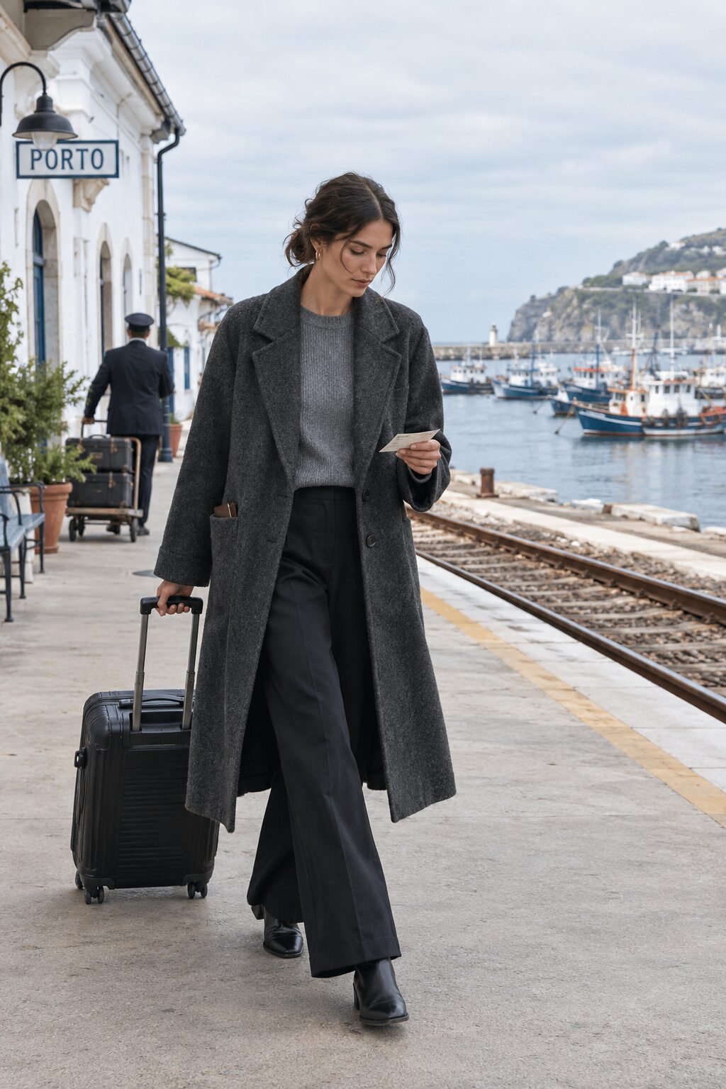 how to build a capsule wardrobe: charcoal wool coat over a grey ribbed sweater and black trouser for travel