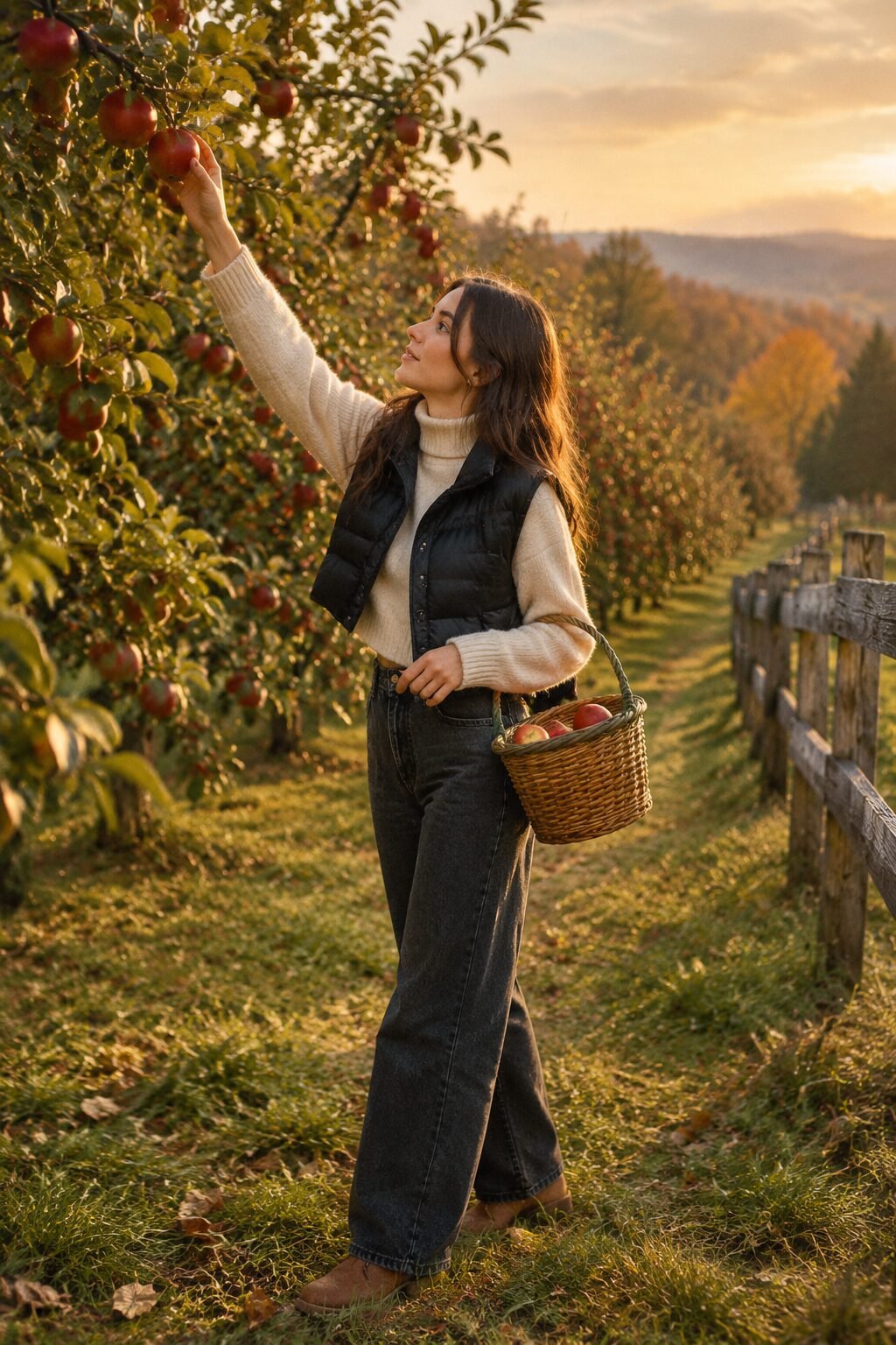 cozy fall apple-picking outfit: black quilted puffer vest over off-white cashmere turtleneck with baggy straight-leg jeans