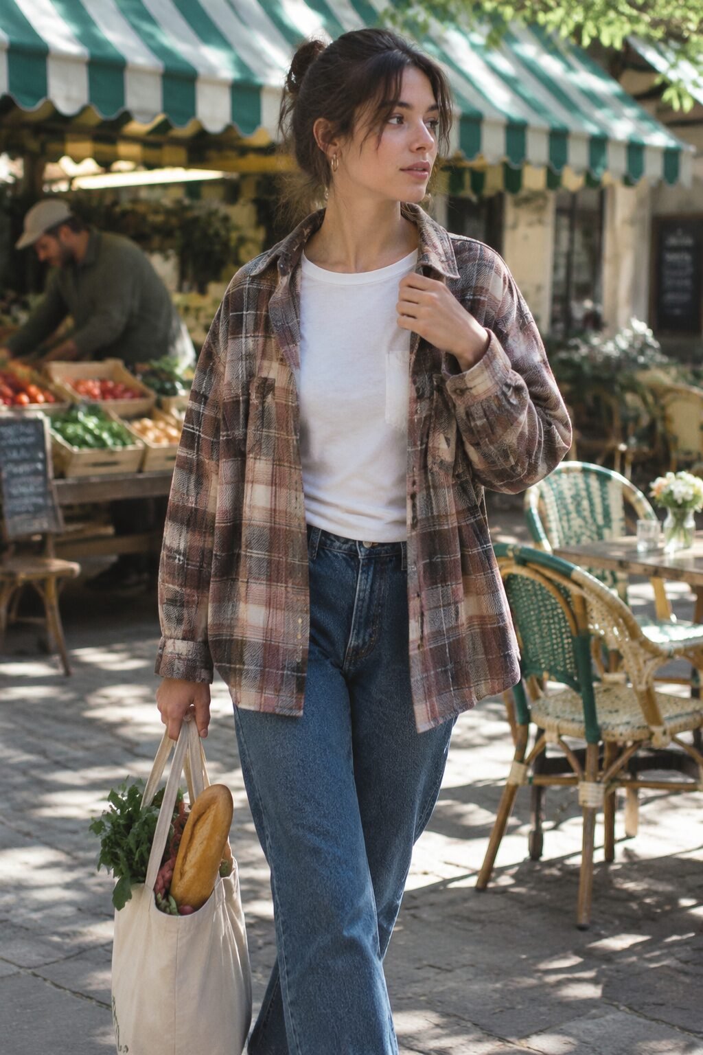 fall brunch outfit: plaid shirt-jacket over a white tee with straight-leg jeans