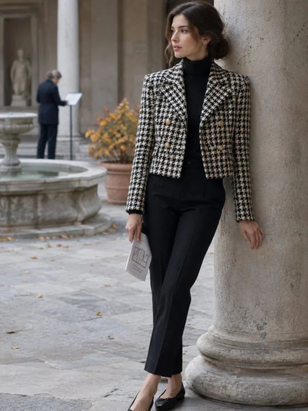 Italian fall outfit idea: cropped houndstooth jacket + black turtleneck + cropped trousers