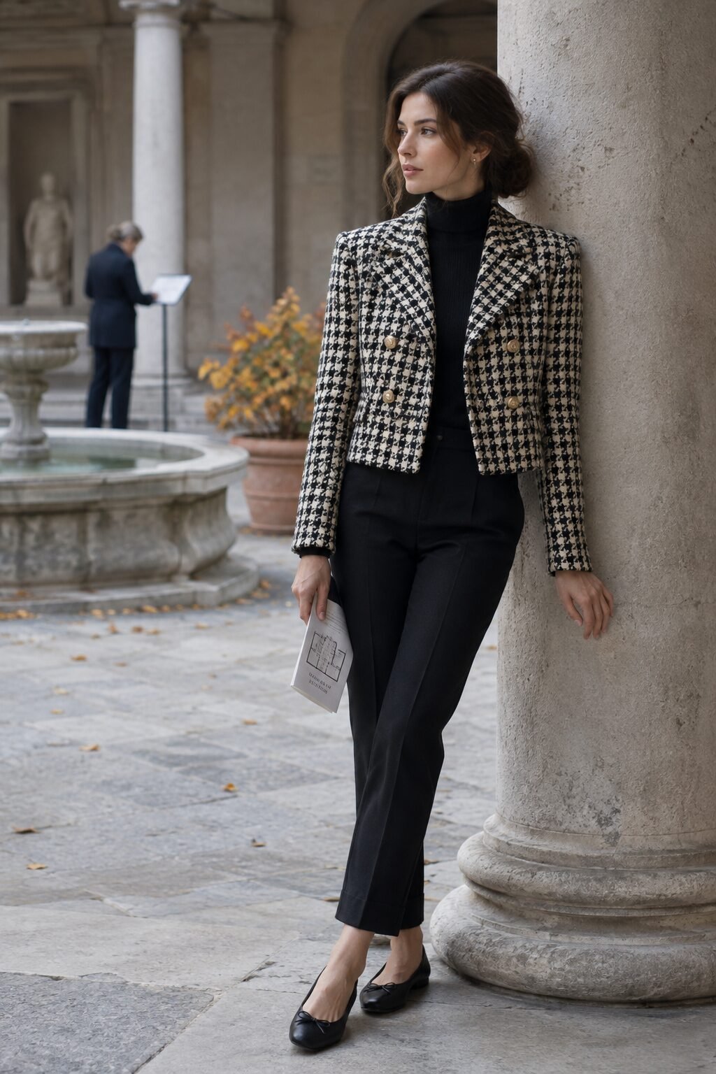 italian fall outfit: cream houndstooth tweed jacket, black turtleneck, and black cropped tailored trousers