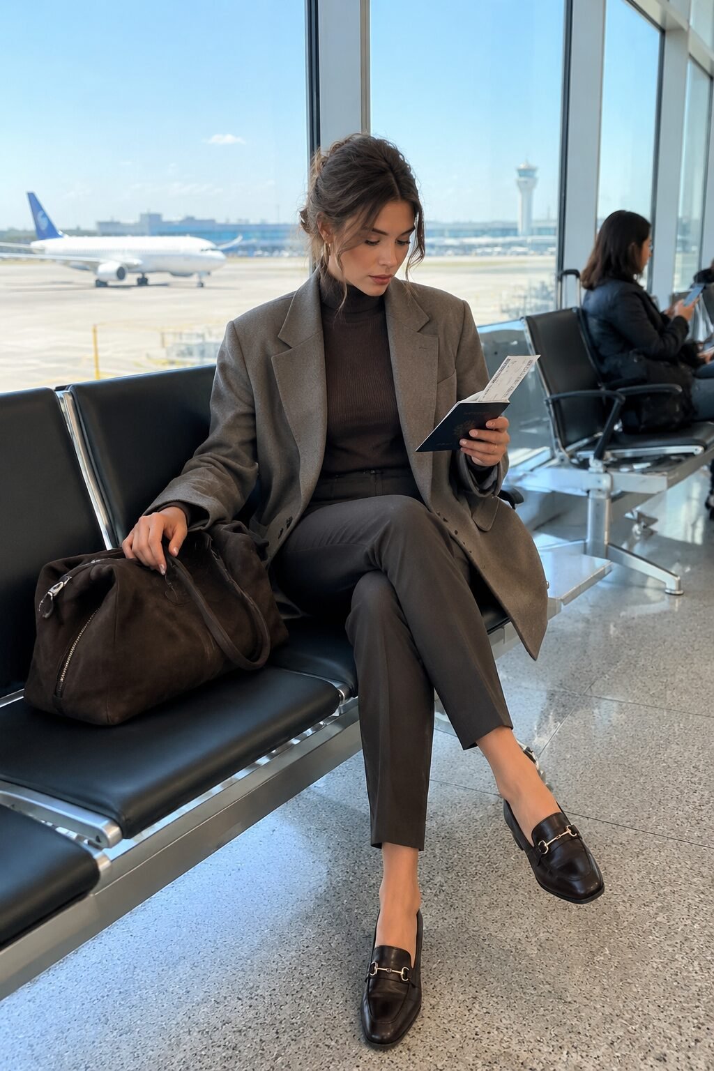old money blazer outfit: longline taupe blazer over a chocolate brown turtleneck for travel