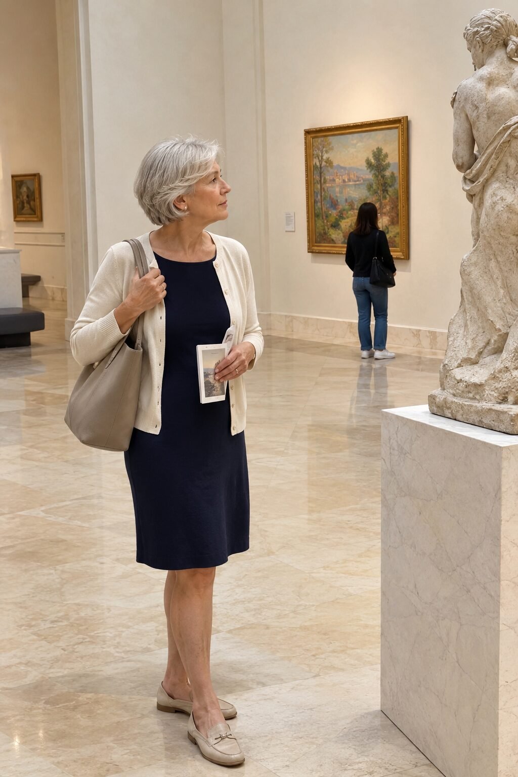 packing capsule for older women: navy dress and cream cardigan styled for a museum day with a stone tote