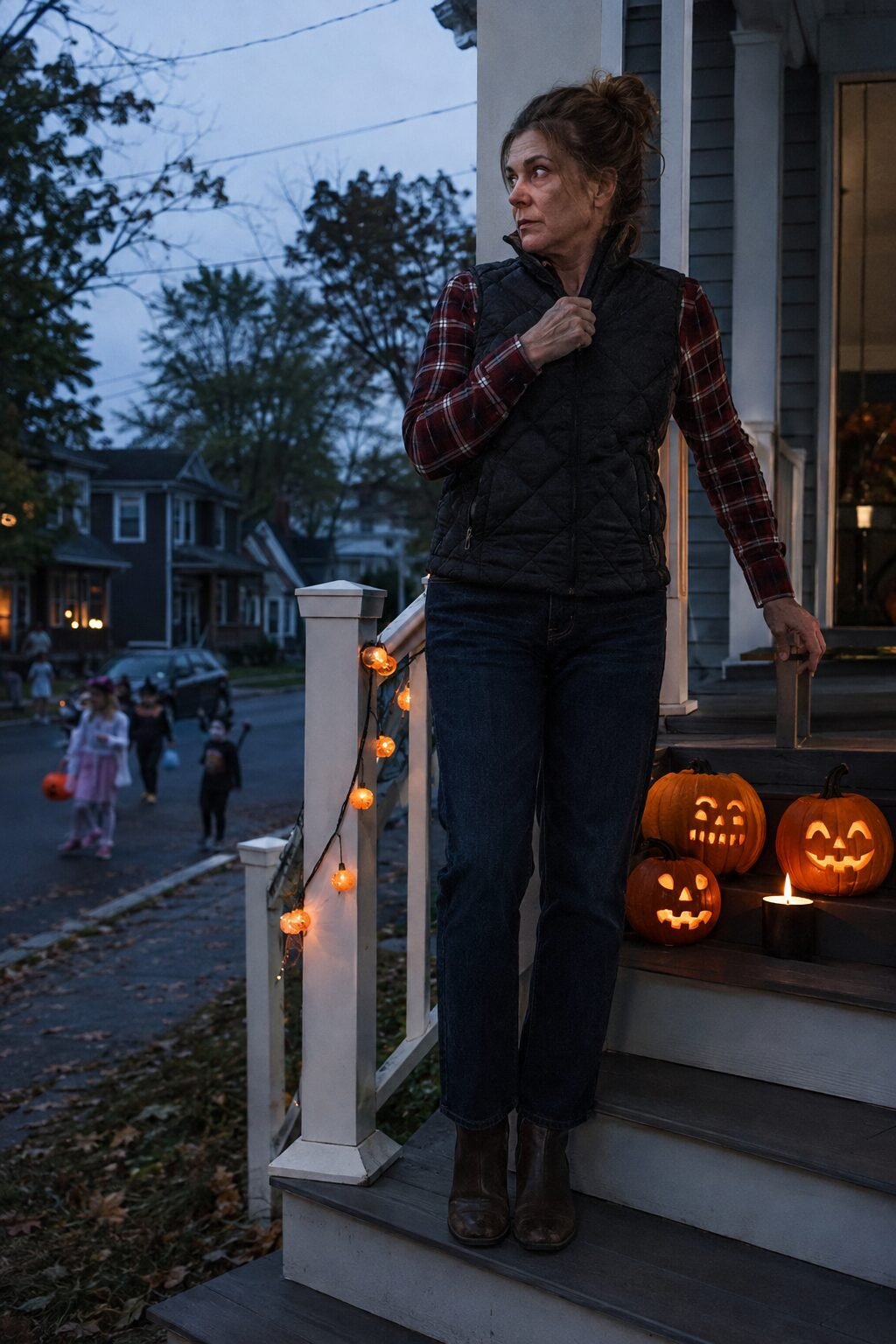 Halloween outfit for women over 40 for trick-or-treating: charcoal quilted vest over a burgundy plaid shirt and straight-leg jeans