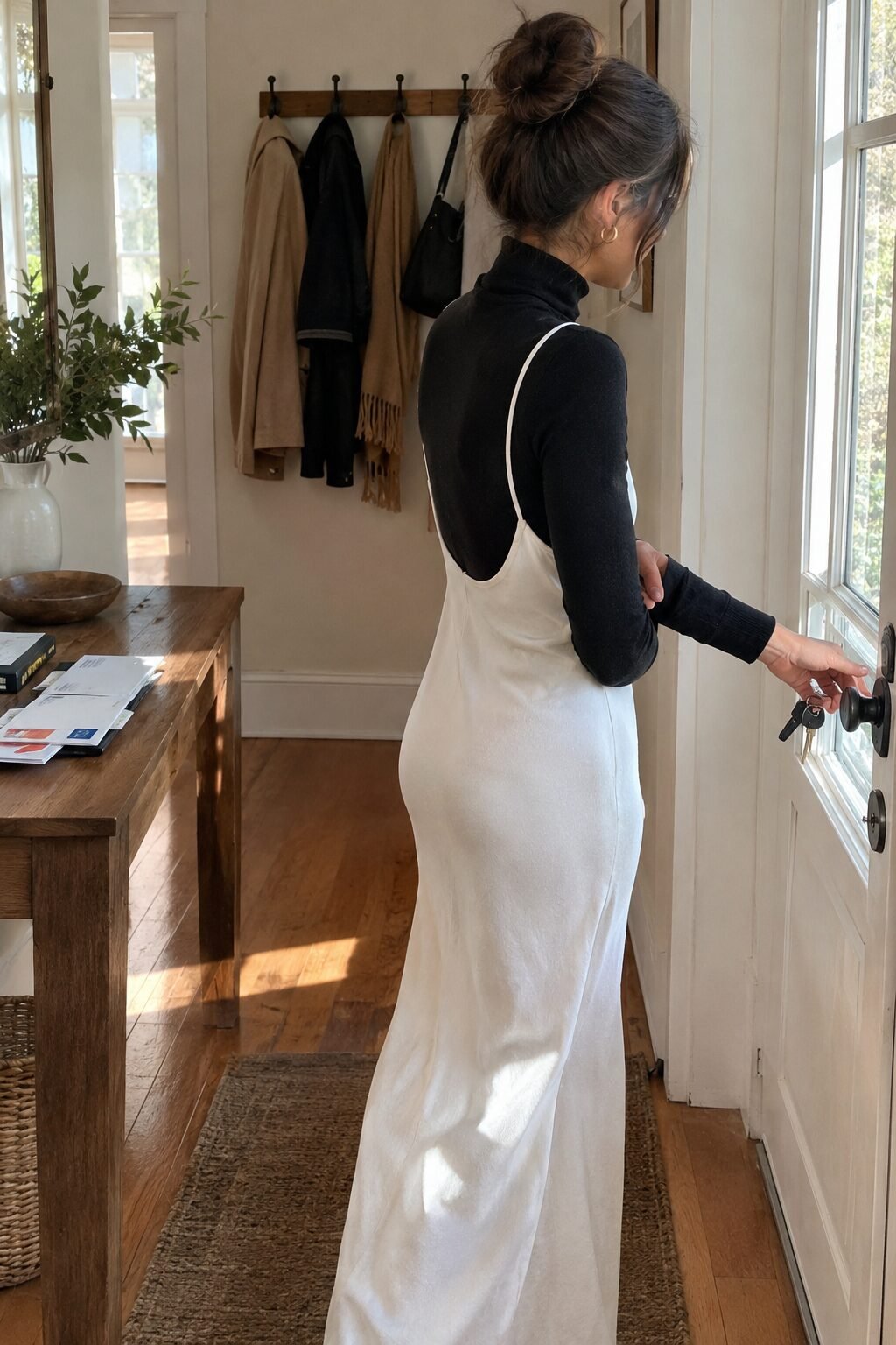 woman wearing a black fitted cashmere turtleneck underneath a white thin-strap summer dress, layering a bare-shoulder dress for fall