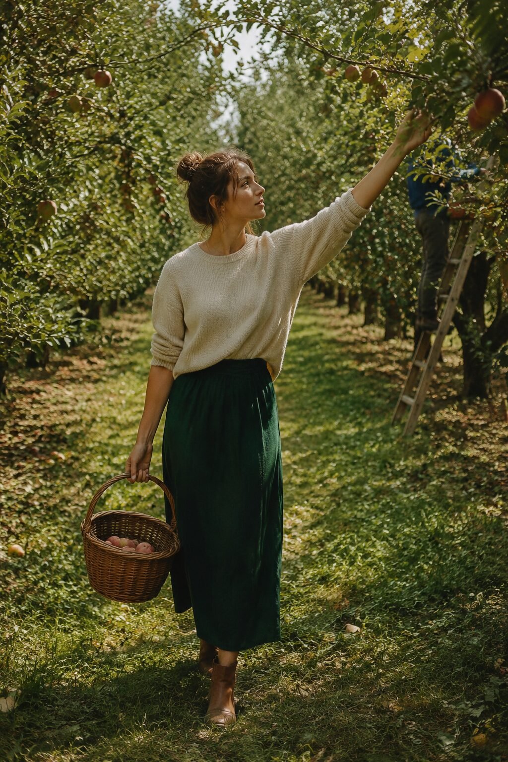 affordable Halloween outfit that looks expensive: forest green midi skirt with an oversized cream sweater