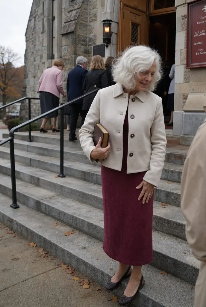elegant fall church outfit for women in their 70s: beige jacket and boysenberry knit skirt