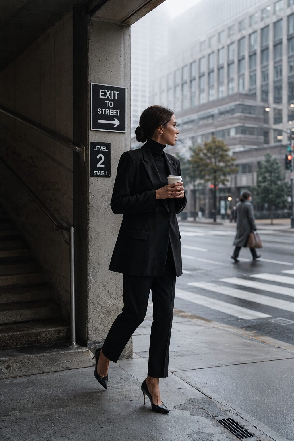 how to style a black blazer with a black turtleneck for tonal fall dressing
