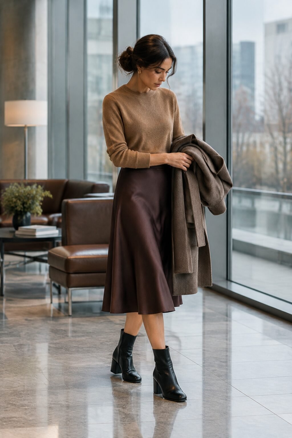 comfortable elegant heels for fall office: black block heel ankle boots with a chocolate brown A-line skirt and camel cashmere sweater