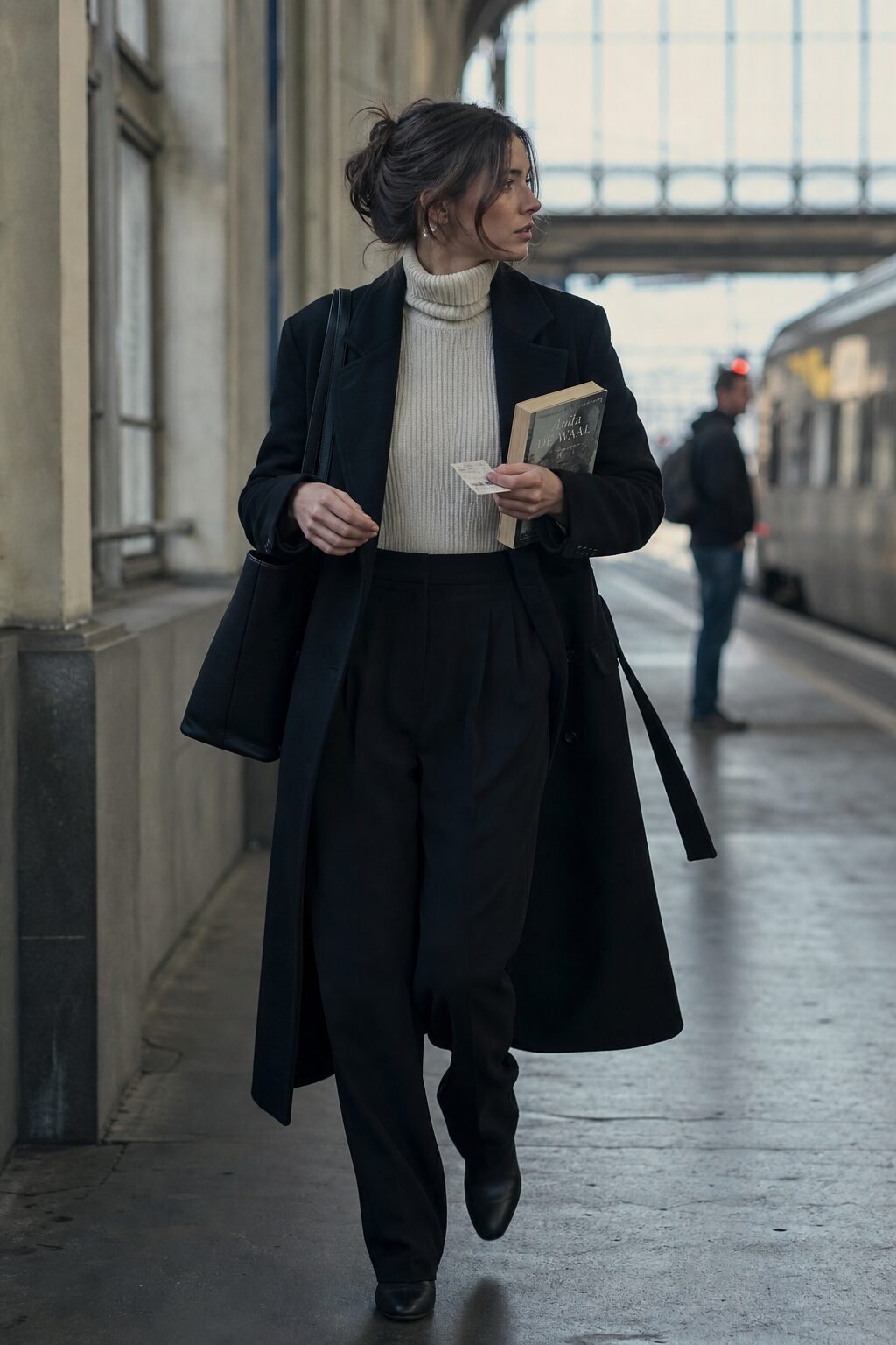 how to style a black trench coat with a turtleneck: black trench layered over a cream turtleneck and tailored trousers for fall mornings