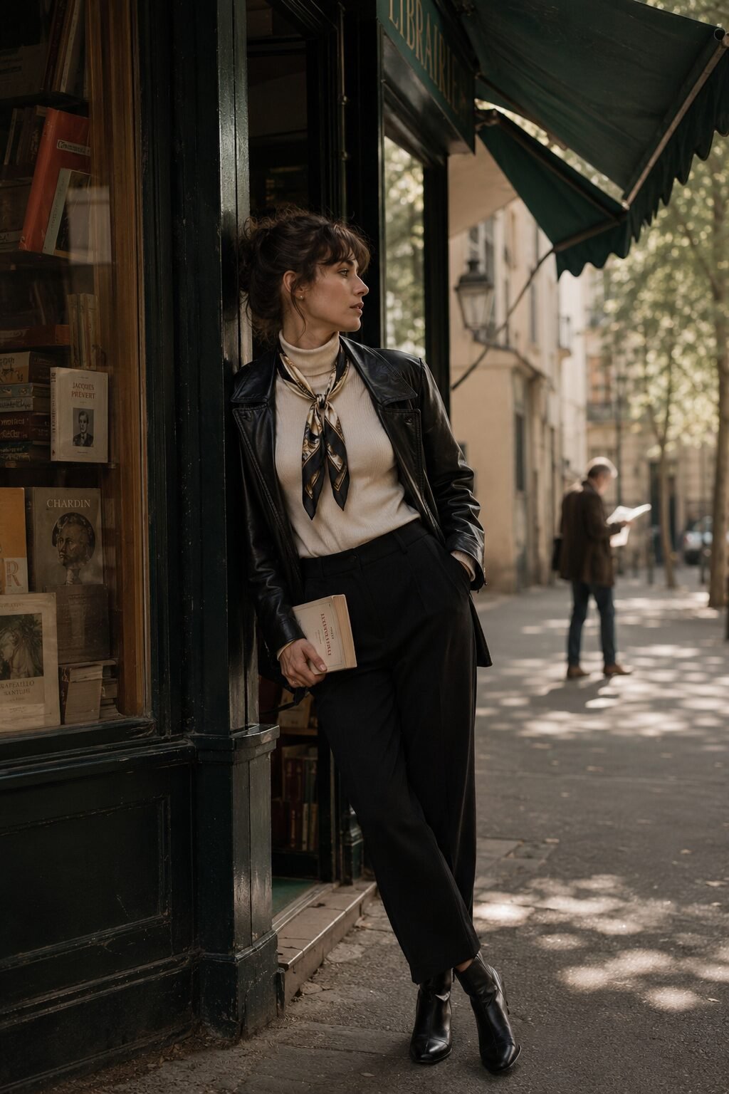 how to style a black leather jacket with a cream fitted turtleneck for fall layering