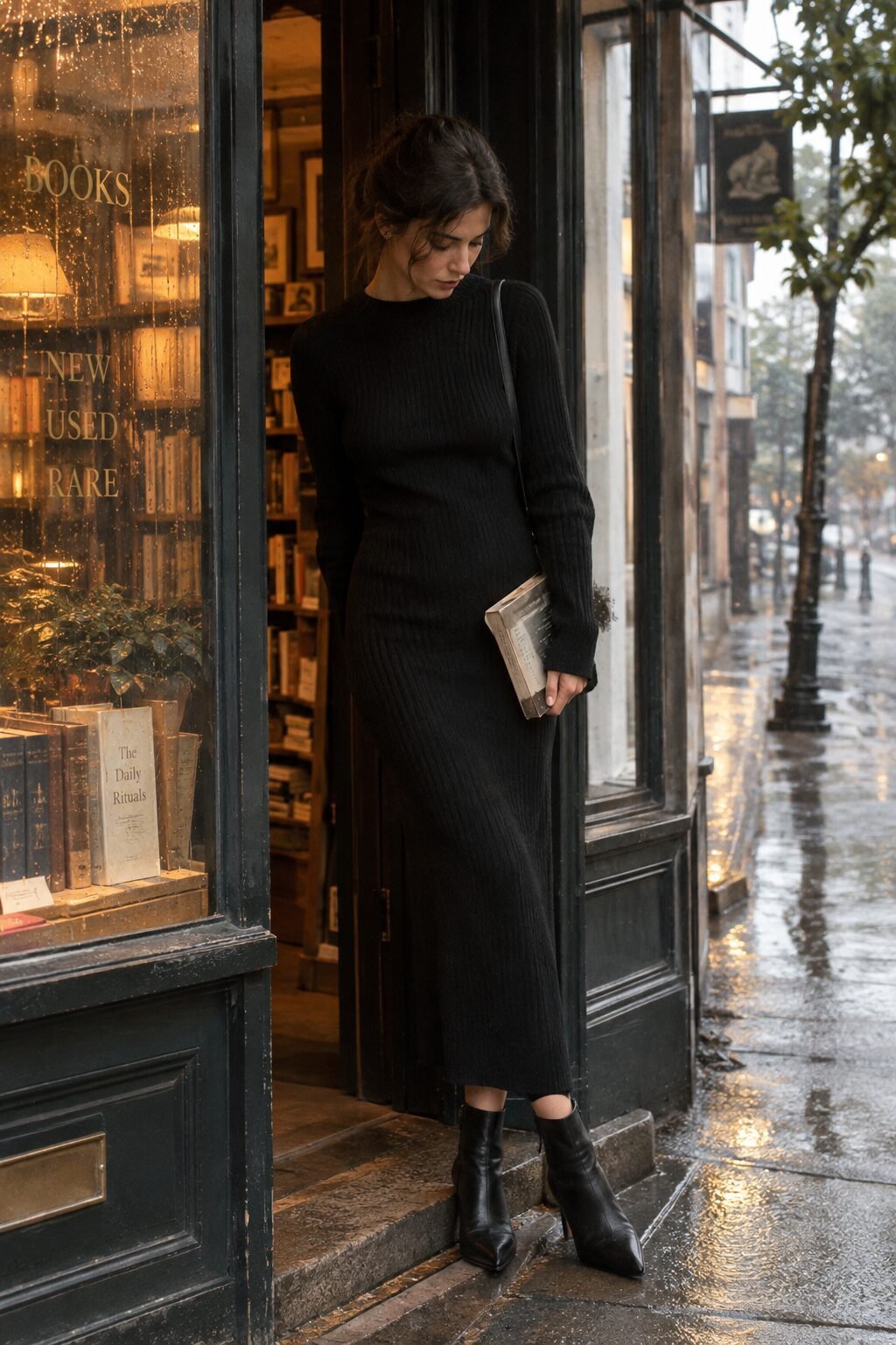 cozy rainy day outfit: black ribbed sweater dress with statement ankle boots