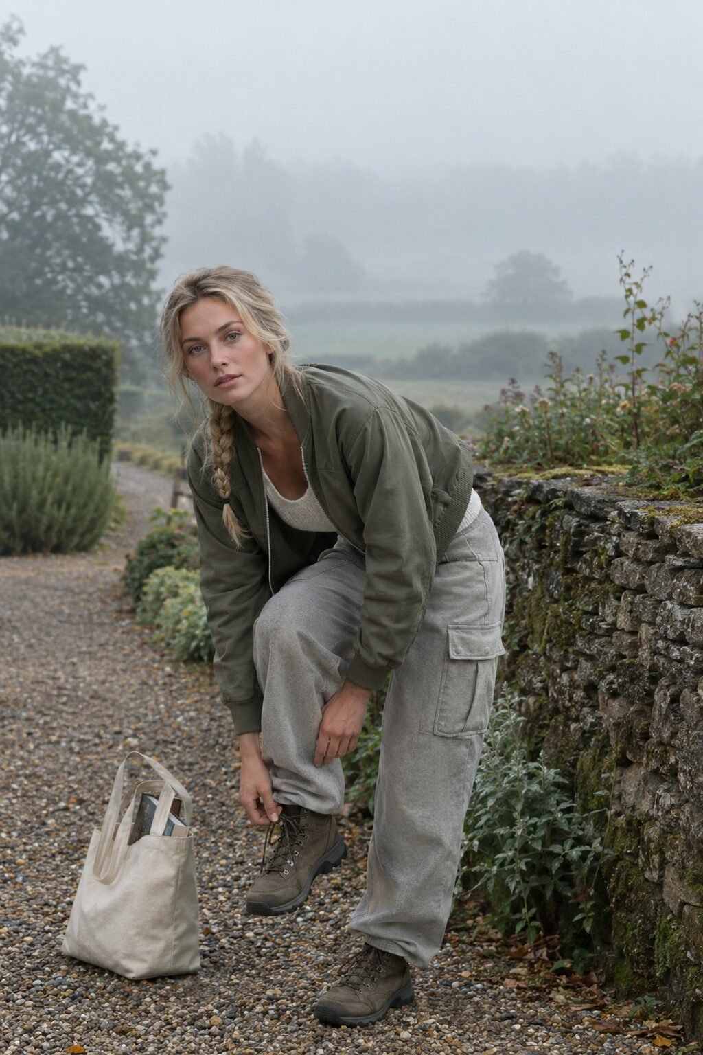 carolyn bessette style weekend outfit: cropped olive bomber jacket, stone cargo sweatpants, and ivory wool tank