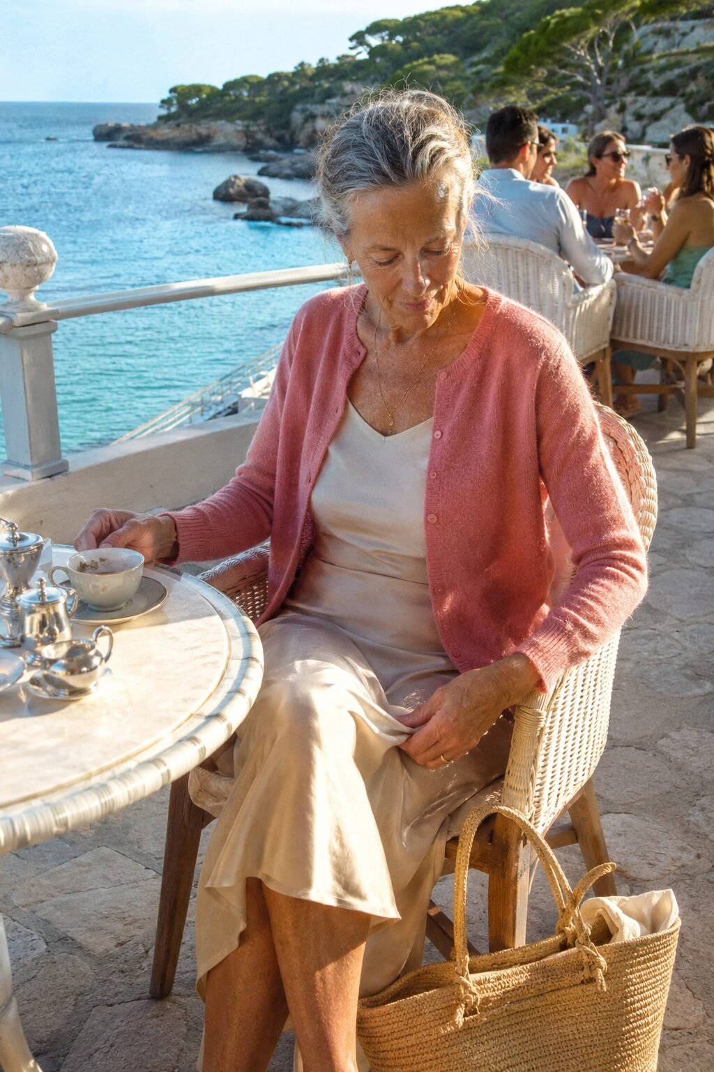 elegant outfit for women in their 70s: rose cashmere cardigan over a champagne silk column skirt