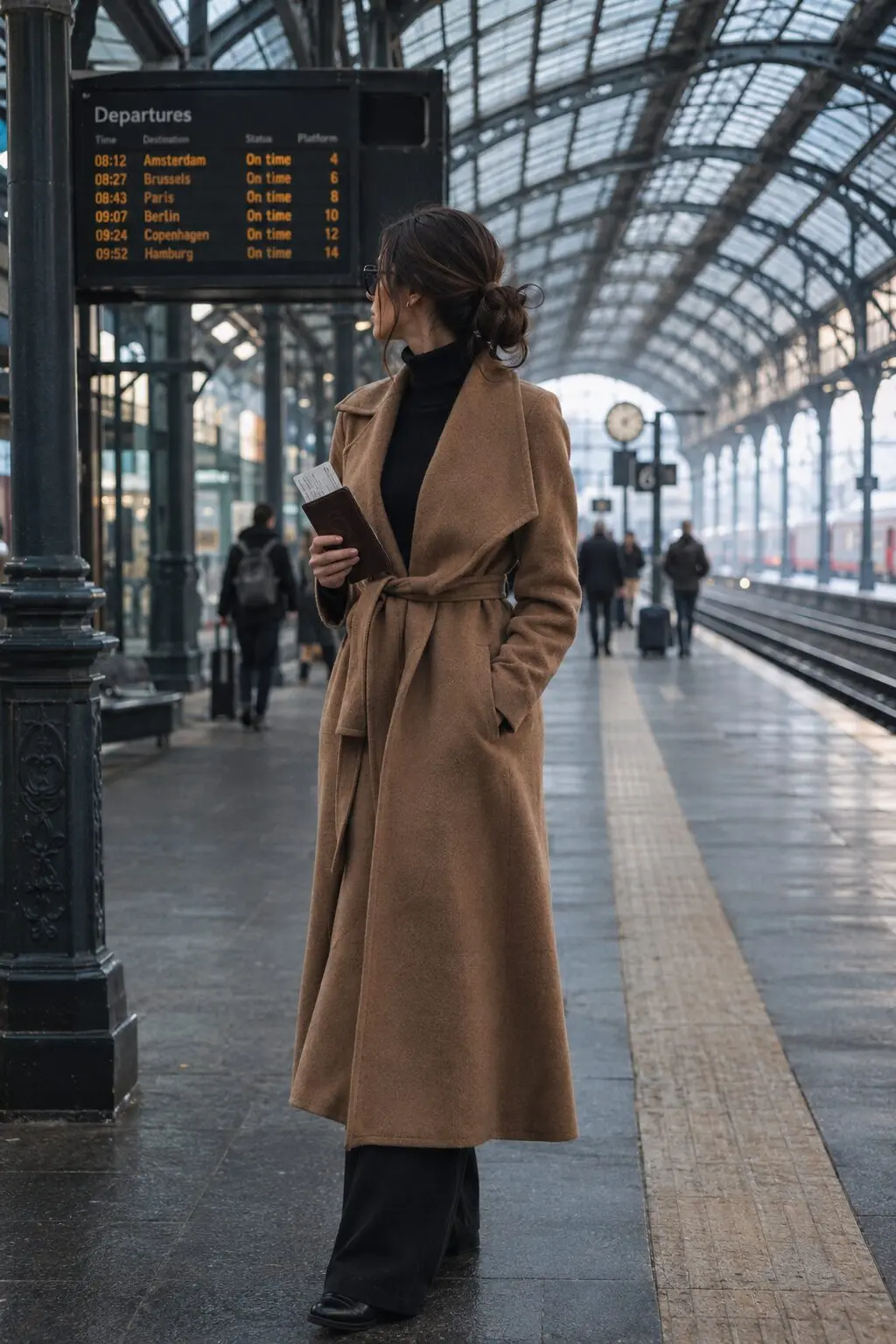 a woman in a caramel wool wrap coat layered over a black cashmere turtleneck for a fall commute outfit