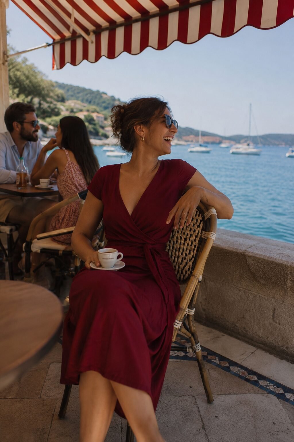 elegant outfits for running late: deep burgundy fitted wrap midi dress with no jacket