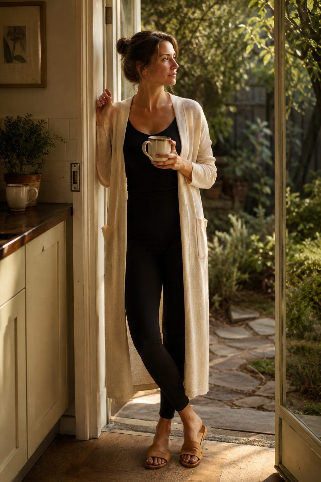 woman styling ponte leggings with a cream longline cardigan for weekend layering