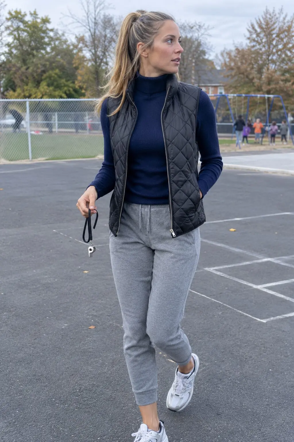 recess duty teacher outfit: black quilted vest, navy cashmere turtleneck, and heather grey joggers