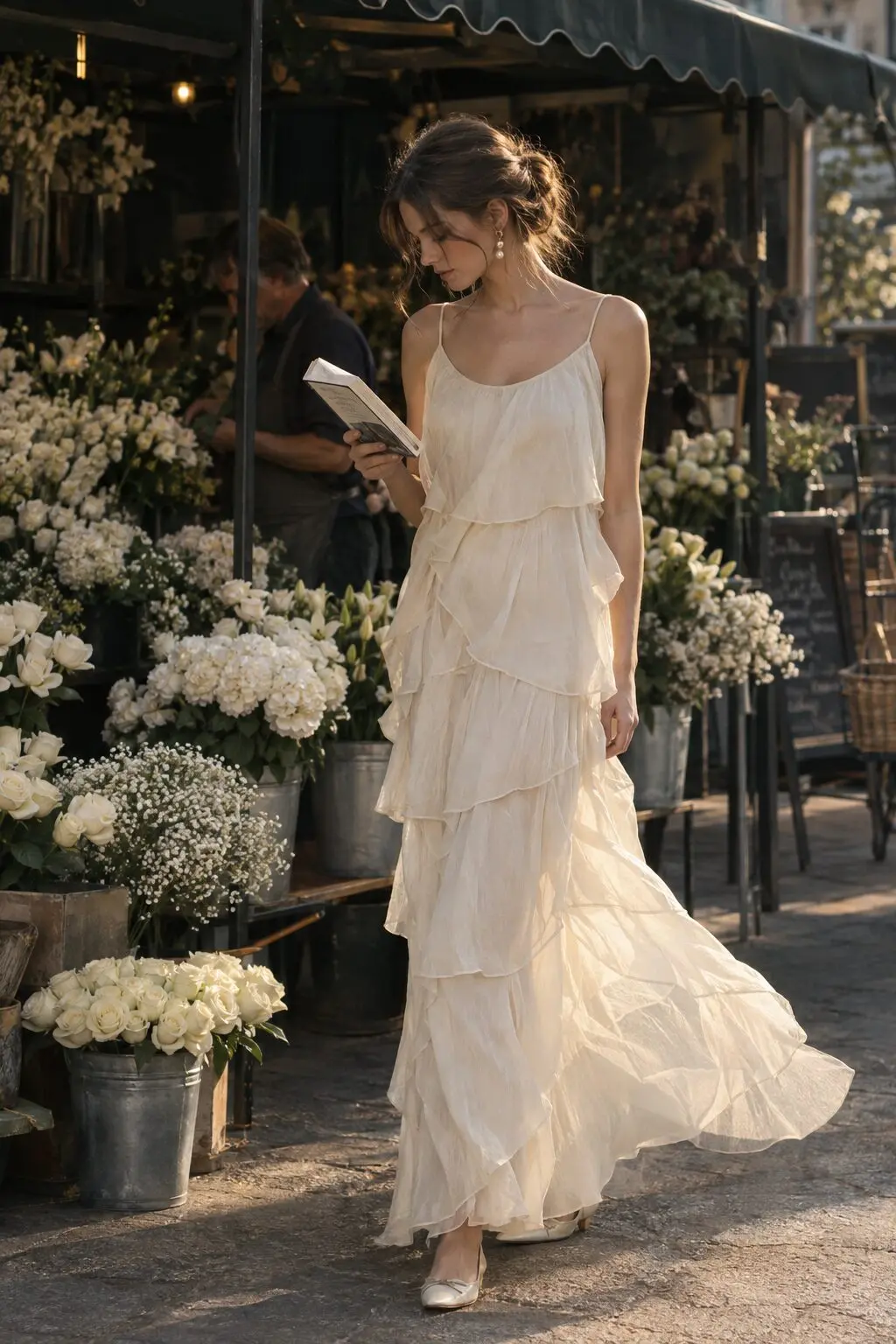glamorous ghost Halloween outfit: ivory chiffon maxi dress with gold pearl drop earrings