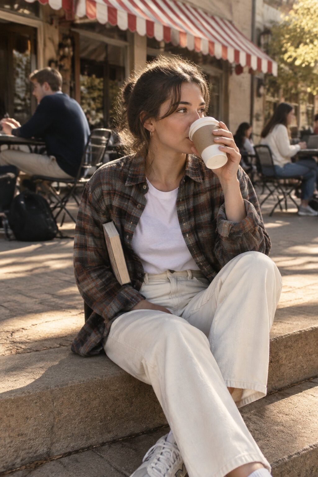 cozy fall college outfit: smoked grey plaid flannel worn open over straight jeans for a weekend coffee run