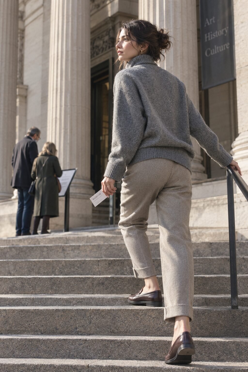 heather grey cashmere turtleneck with light taupe wool trousers and cocoa loafers, an elevated winter museum outfit