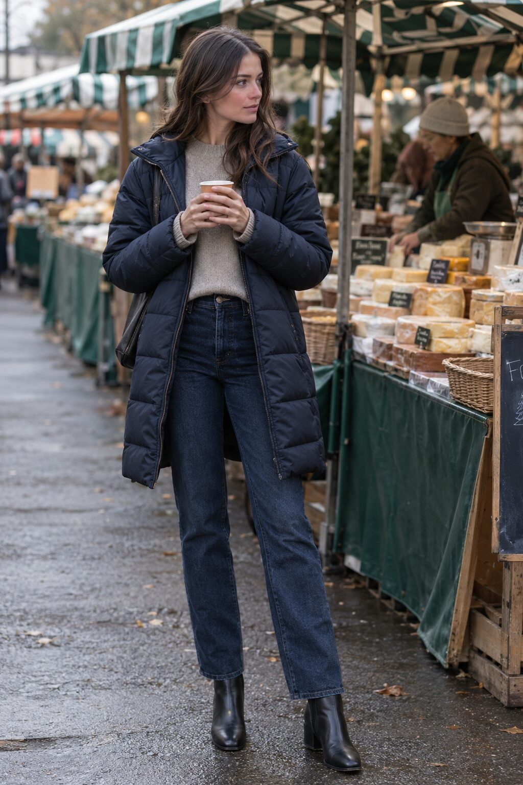 casual old money winter outfit: dark indigo jeans, oatmeal cashmere sweater, and navy quilted puffer jacket