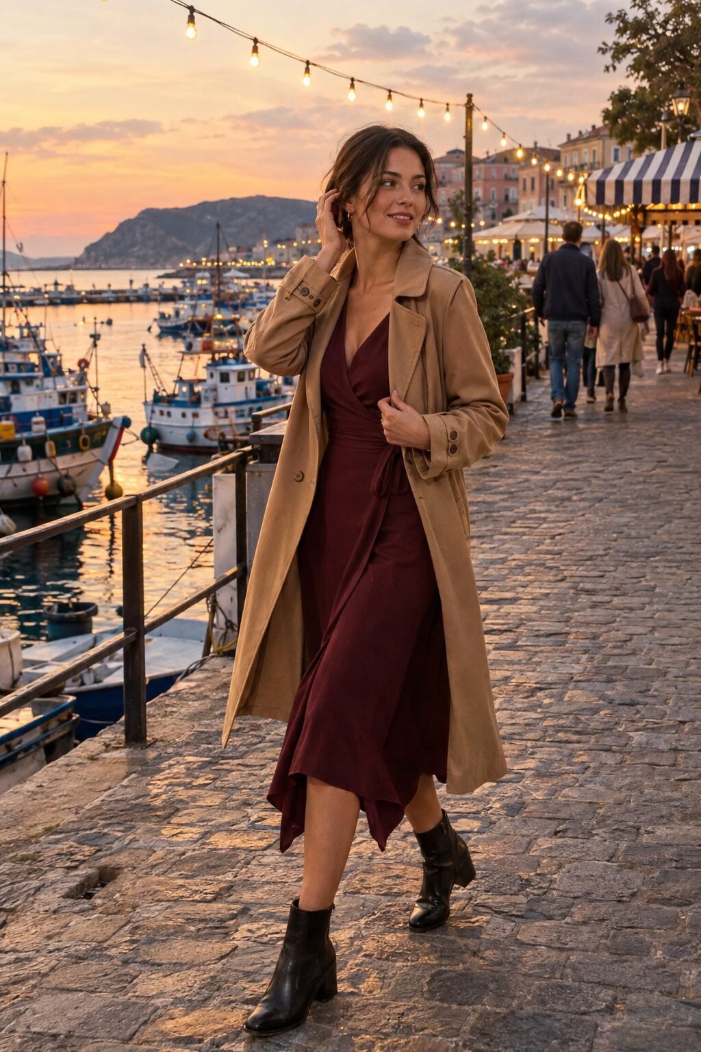work holiday party outfit: burgundy wrap dress under a camel trench coat with black ankle boots