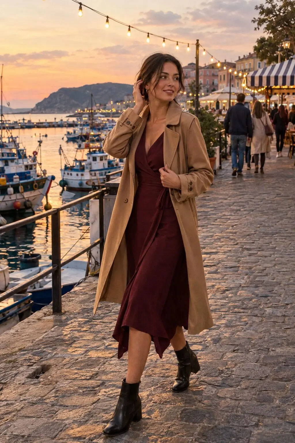 work holiday party outfit: burgundy wrap dress under a camel trench coat with black ankle boots