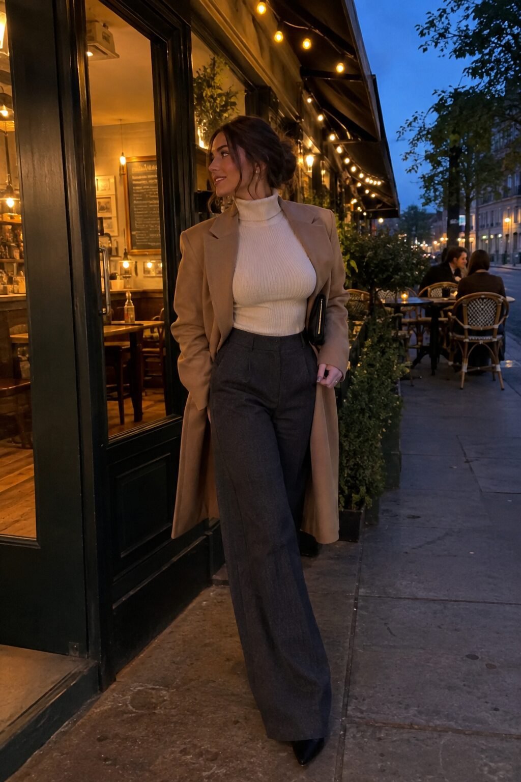 woman styled in a turtleneck, trousers, and wool coat for a day-to-night winter travel look