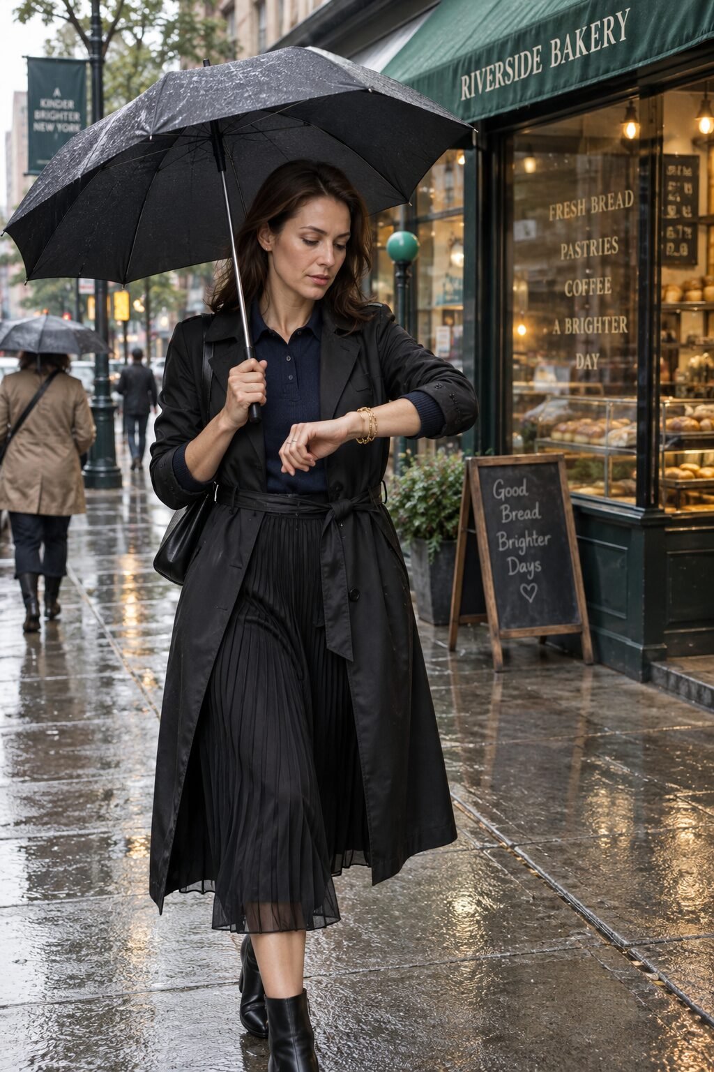 old money rainy day outfit with a black trench coat, navy cashmere sweater, pleated black skirt, and a gold rope bracelet