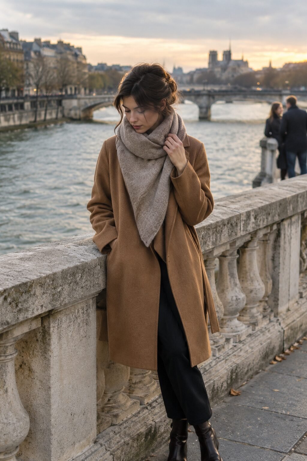 woman wearing a cashmere scarf wrapped around her neck on a cold Paris day