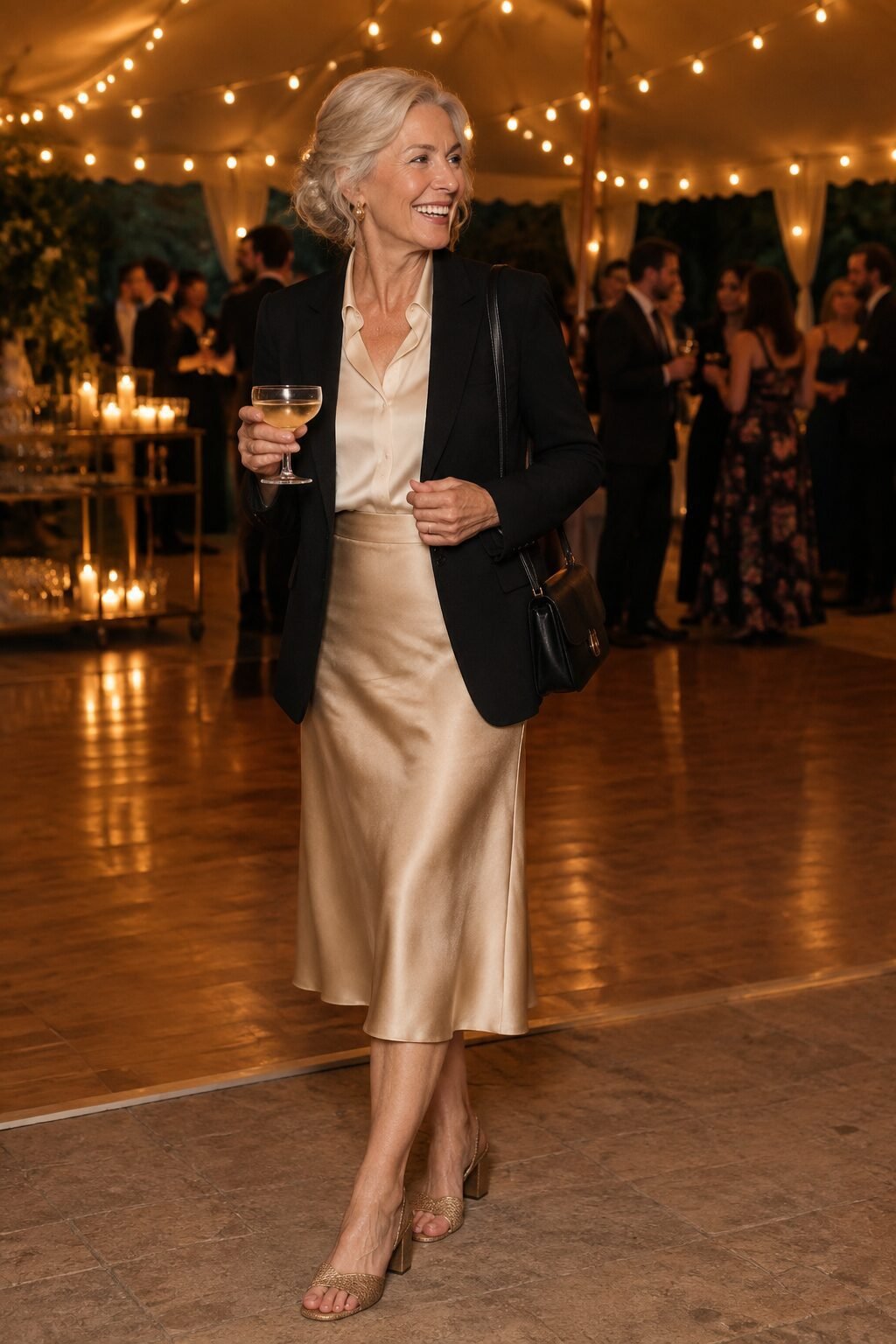wedding reception outfit for mother of the bride: champagne silk skirt, off-white blouse, and black blazer with gold heels