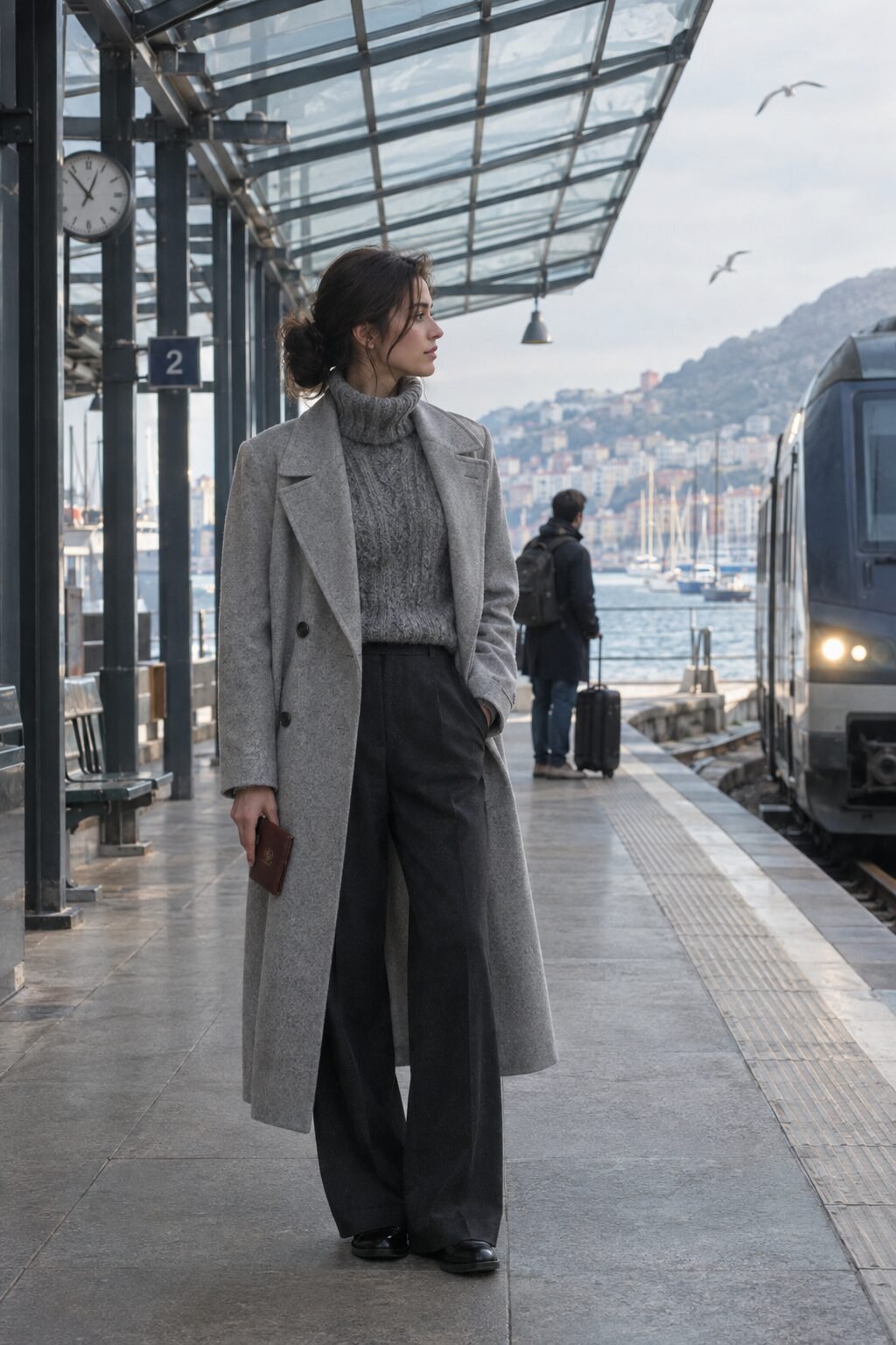 grey and stone travel turtleneck outfit for women with fisherman knit sweater under a long melton trench coat