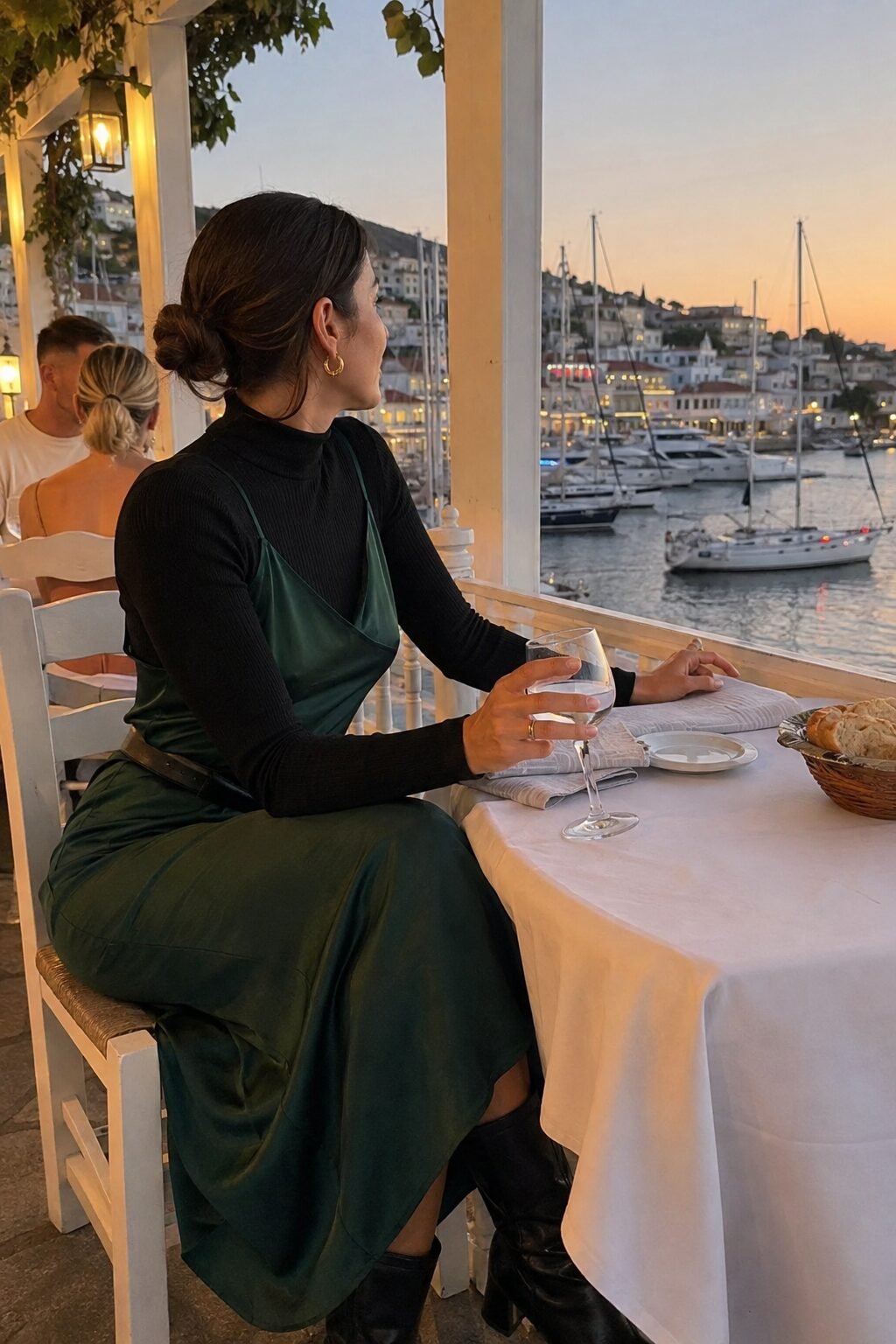 how to style a black turtleneck under a jewel-tone sleeveless midi dress for dinner out