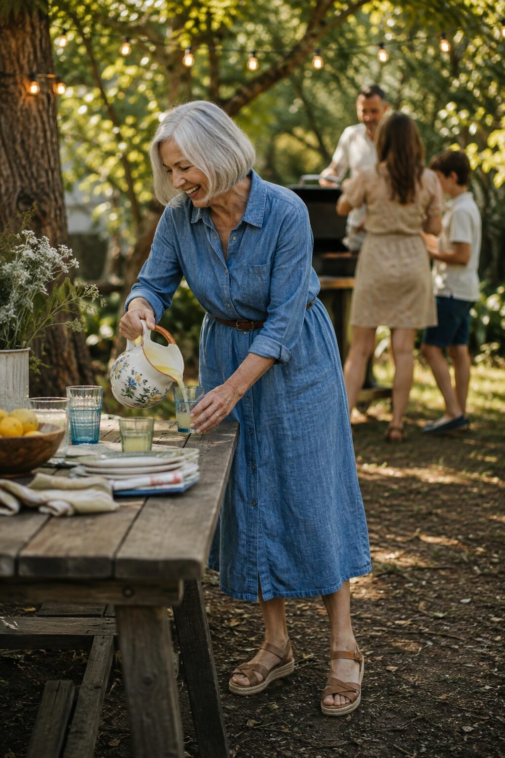 faded chambray blue shirt dress with tan espadrille sandals, casual summer outfit for a family gathering, women in their 70s