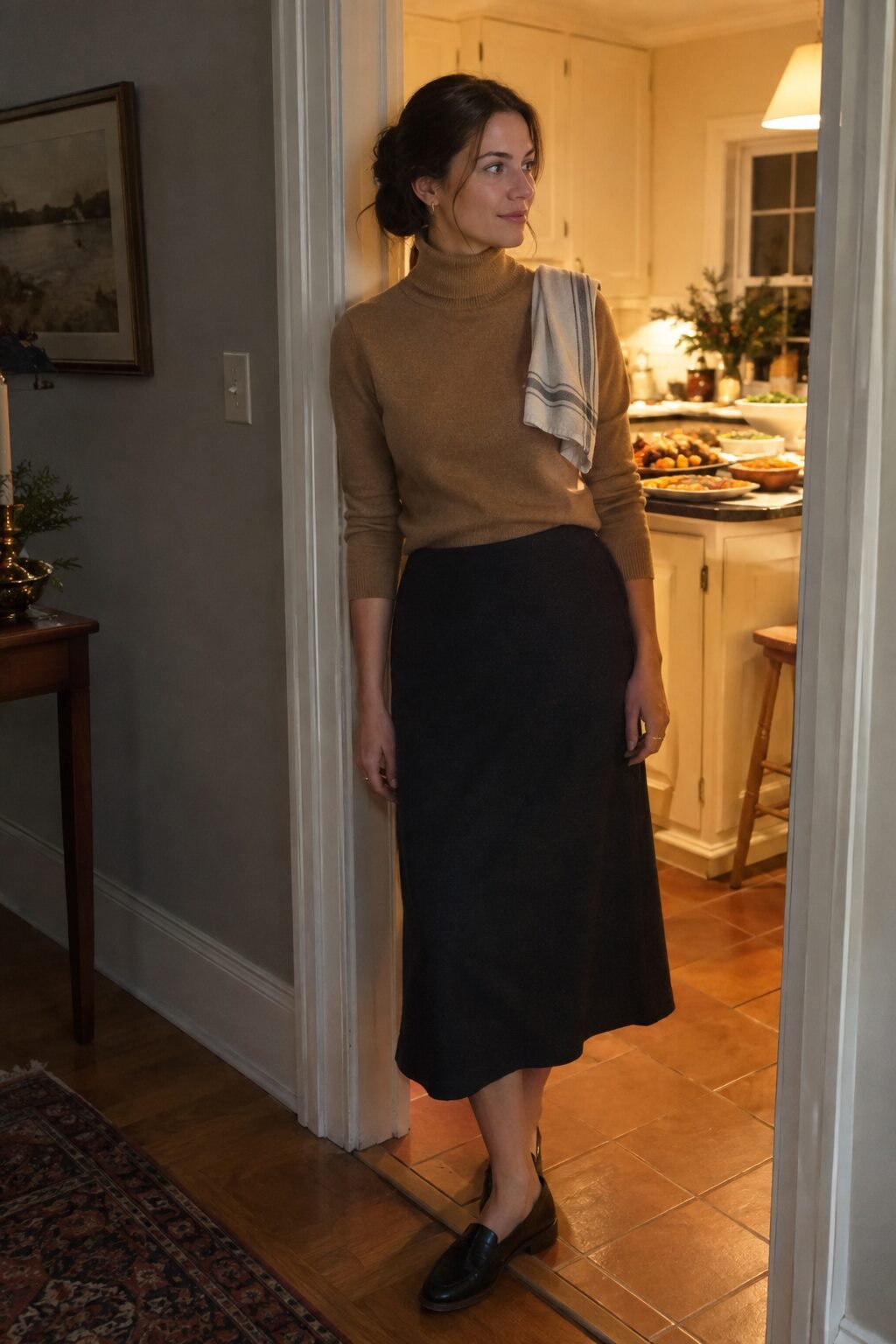 Woman standing near a kitchen doorway at a party, reading the room before joining a group